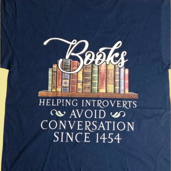 "Books: Helping Introverts..." NOS Adult M Blue T-Shirt - Picture 1 of 6